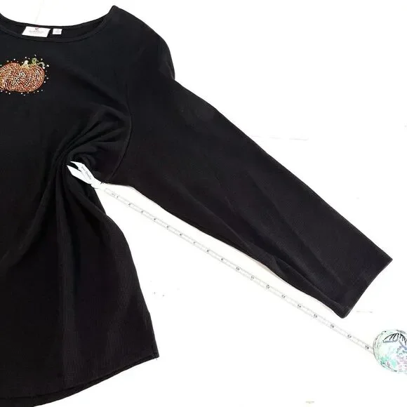 Quacker Factory Rhinestone Pumpkin Black Waffle Knit Long Sleeve Tee Size 3X - Picture 8 of 12